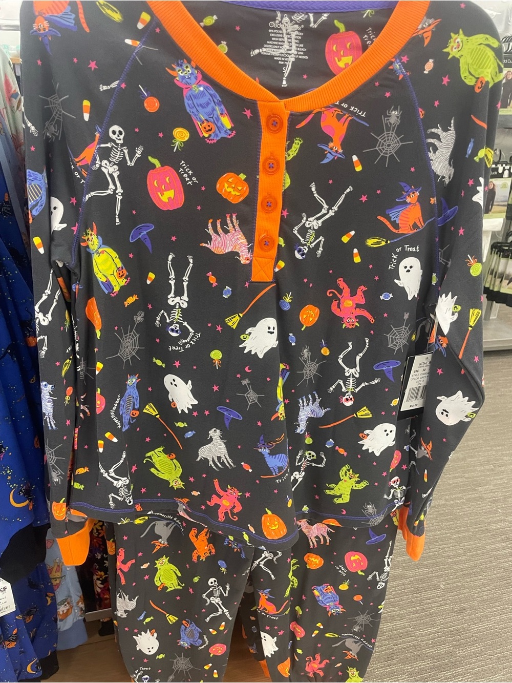 Cuddl Duds Black Halloween Pajama Set with Orange Trim and Multicolor Prints